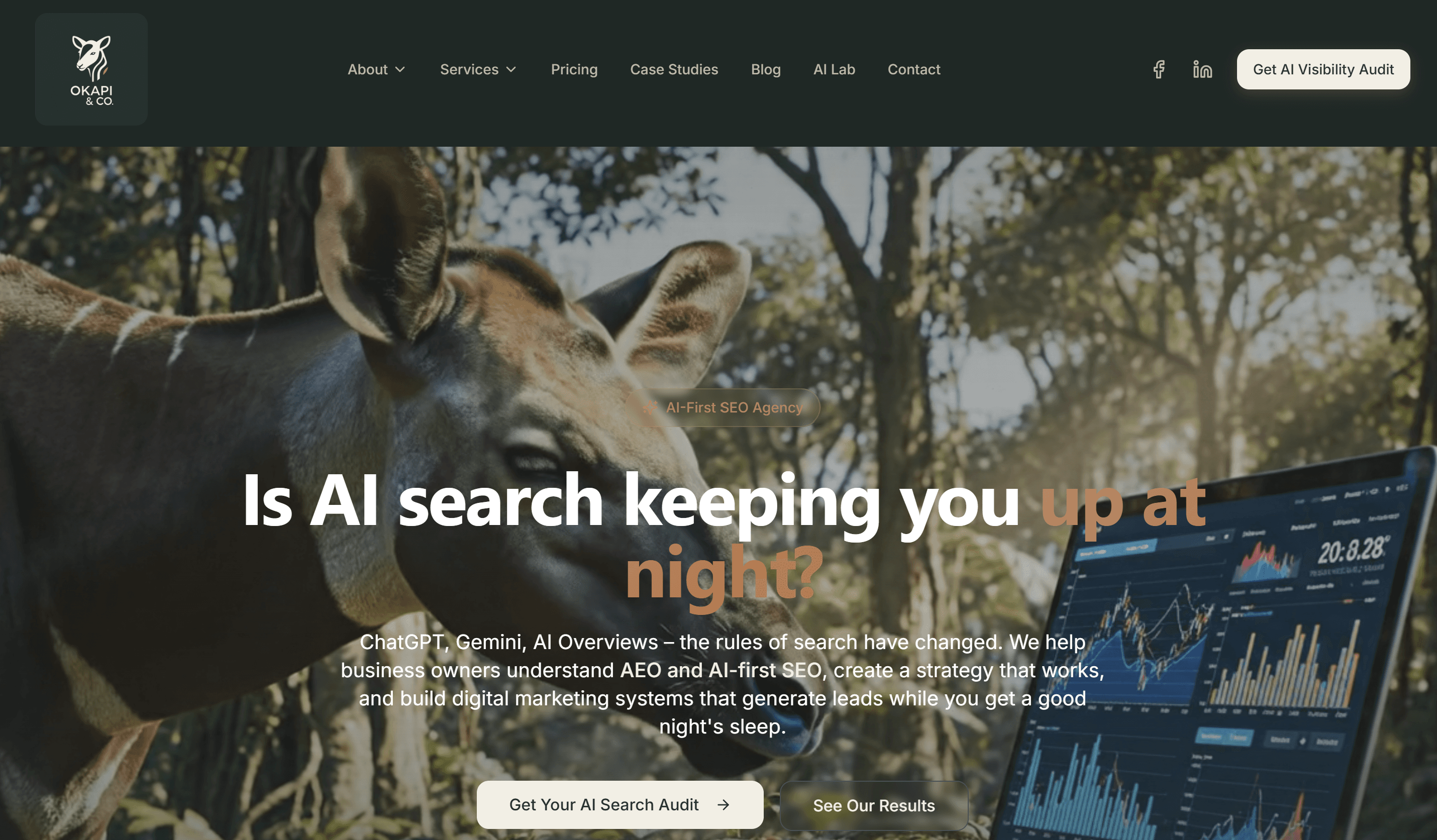 Okapi & Co agency website — built with AI-assisted development and a bespoke CMS connected to Claude