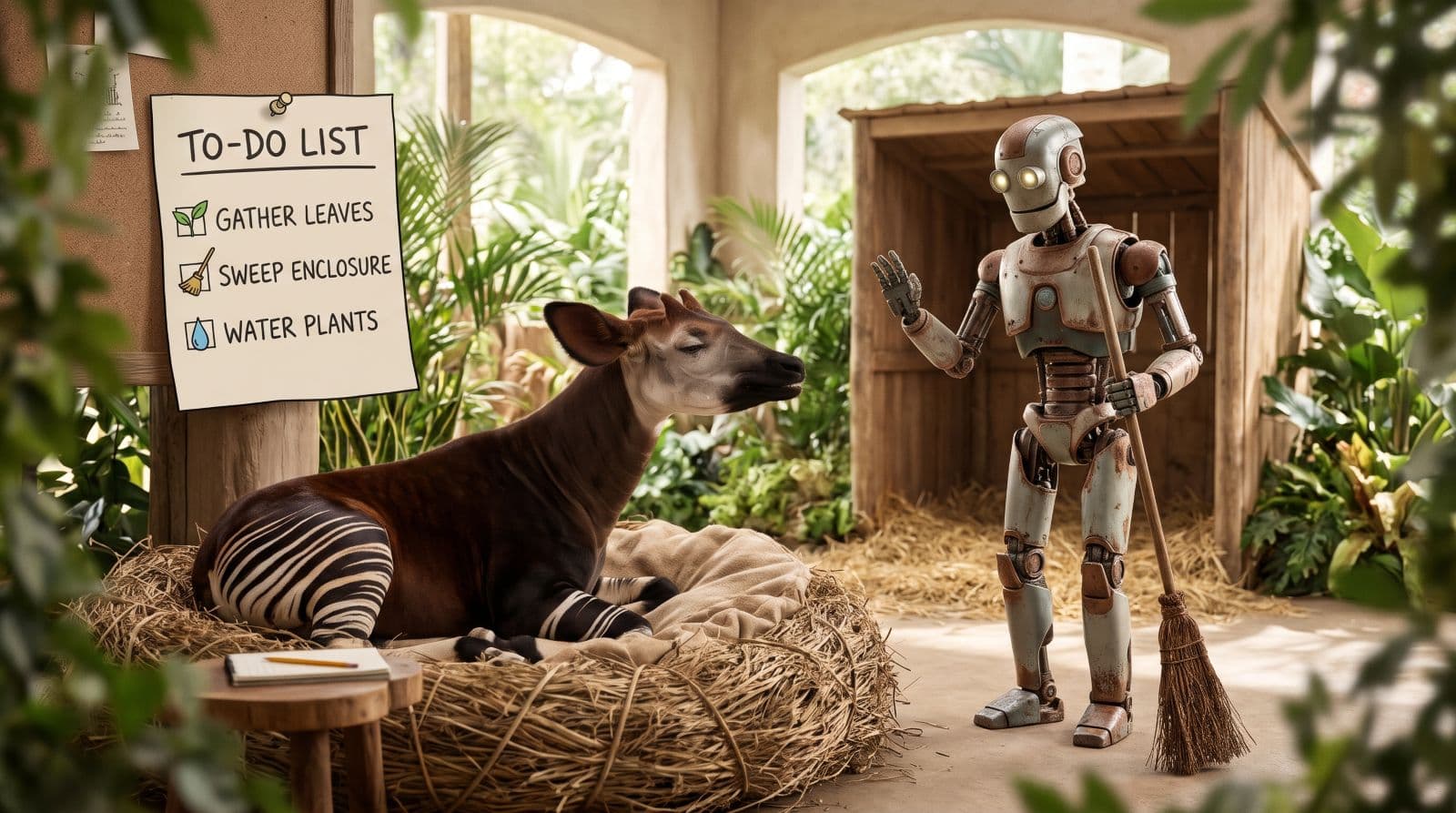 An okapi resting on straw while a robot holding a broom works through a pinned to-do list reading gather leaves, sweep enclosure and water plants