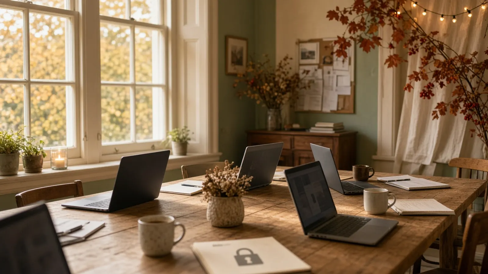 Laptops, notebooks and coffee cups on a wooden table in a sunlit community hall, ready for a Claude workshop