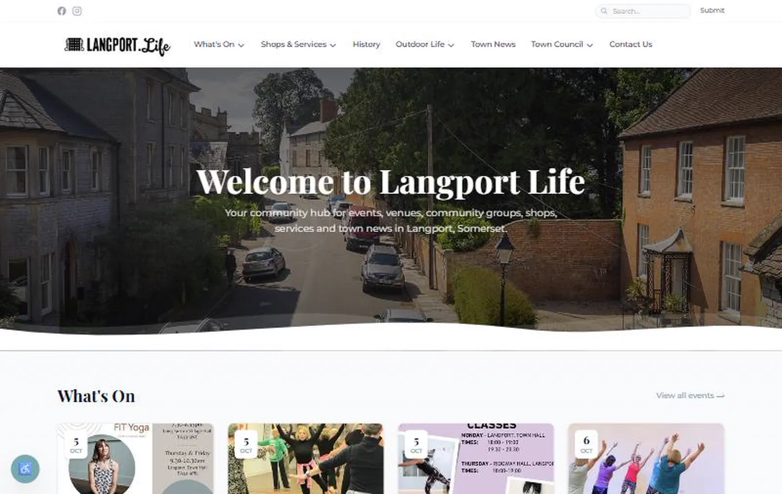 The Langport Life homepage: a Welcome to Langport Life hero over a photograph of the town street, with the What’s On listings beneath it.