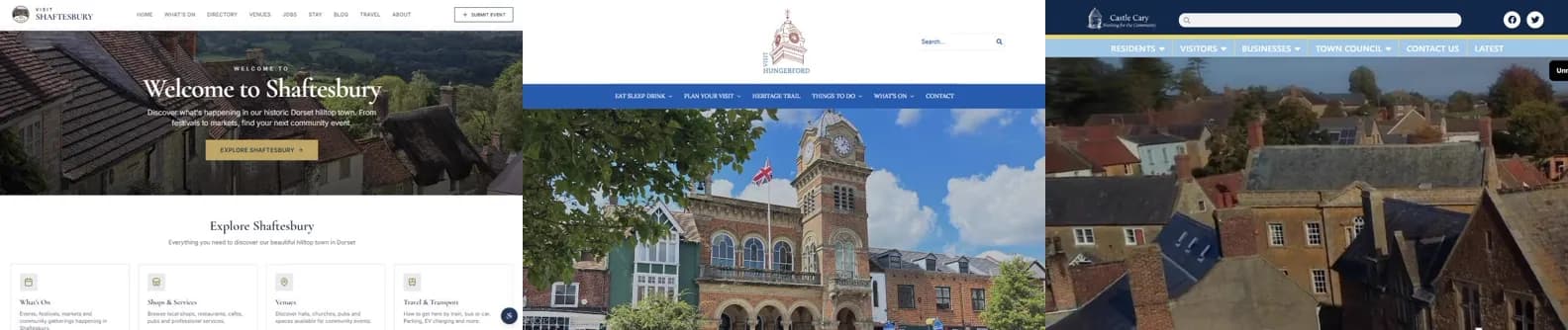 The homepages of three TownStack sites side by side: Visit Shaftesbury, Visit Hungerford and Castle Cary.