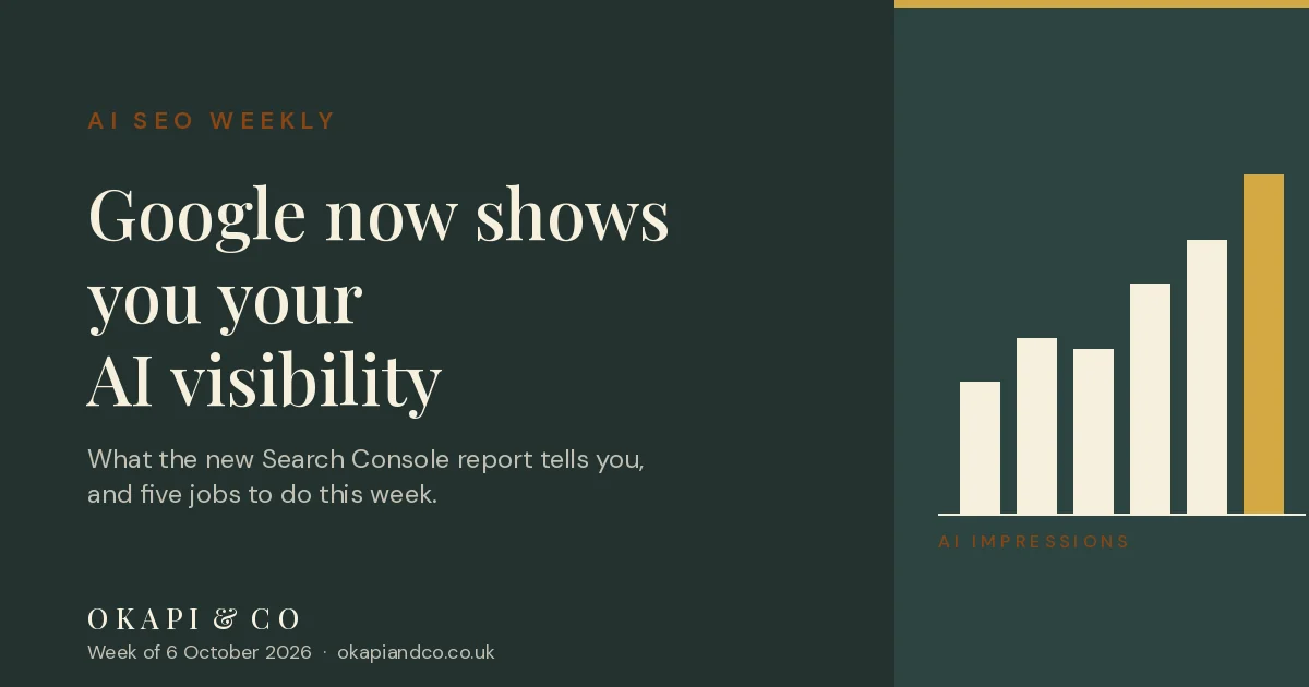 Okapi & Co AI SEO Weekly: Google now shows you your AI visibility. Forest green card with a cream serif heading and a rising bar chart labelled AI impressions.